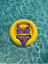 Psychedelic animal print bikini top with multicolor tiger pattern in neon pink, purple, orange, and blue, made of stretchy recycled fabric with wide shoulder straps and scoop neckline.